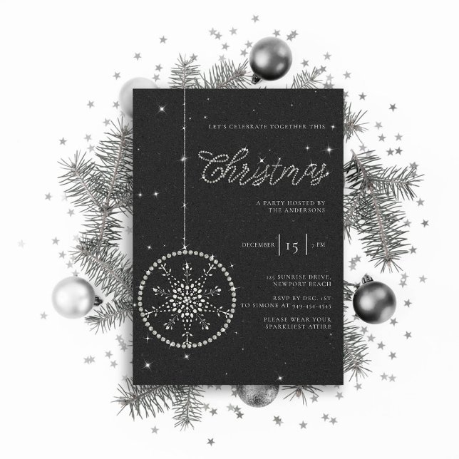 Sparkly Party Rhinestones Glitter Black jul Inbjudningar (sparkly glitter christmas party invitation rhinestones bauble snowflake formal black white elegant )