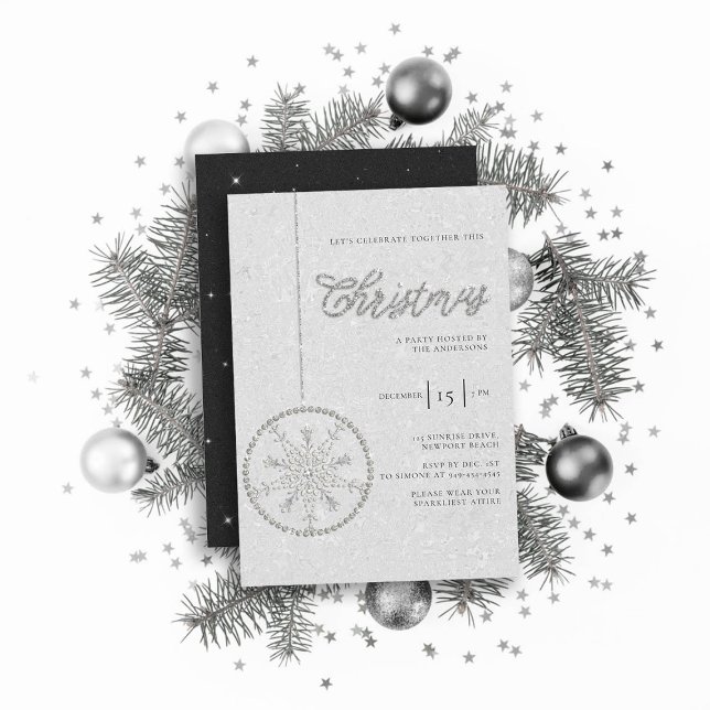 Sparkly Party Rhinestones Glitter Vit jul Inbjudningar (sparkly glitter christmas party invitation rhinestones bauble snowflake formal black white elegant)