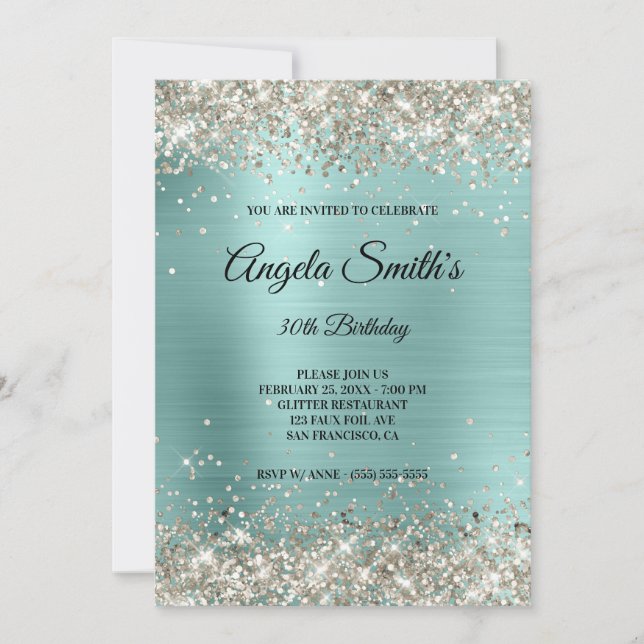 Sparkly Platinum Glitter Turquise Foil Monogram Inbjudningar (Framsida)
