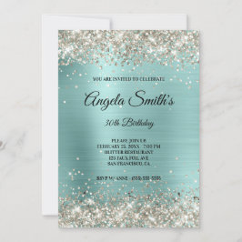 Sparkly Platinum Glitter Turquise Foil Monogram Inbjudningar