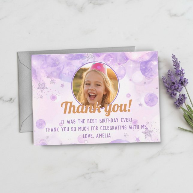 Sparkly Purple Photo Girls Birthday Party Tack Kort (Skapare uppladdad)