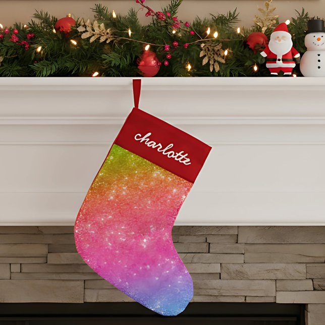 Sparkly Rainbow Glitter julstock Liten Julstrumpa (cute fun girly rainbow glitter Christmas stocking with custom name in script calligraphy)