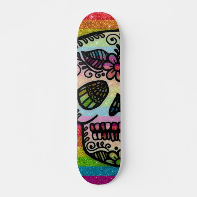 Sparkly Rainbow Glitter Sugar Skull Tattodesign Mini Skateboard Bräda 18,5 Cm (Framsida)