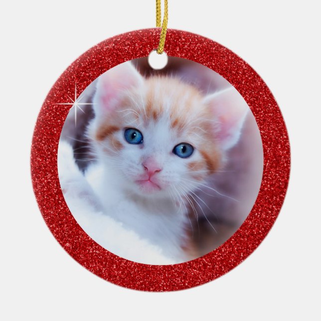 Sparkly Red Glitter Adsible Family Kitten Photo Julgransprydnad Keramik (Framsidan)