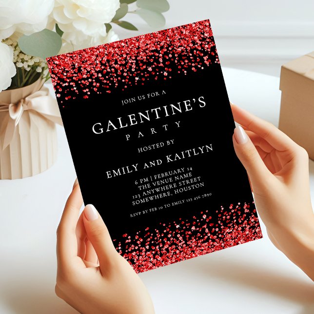 Sparkly Red Glitter Gräns Black Galentines Party Inbjudningar (Skapare uppladdad)