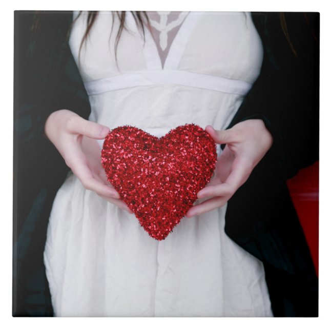 Sparkly Red Kärlek Heart (Alla hjärtans dag) Kakelplatta (Framsidan)