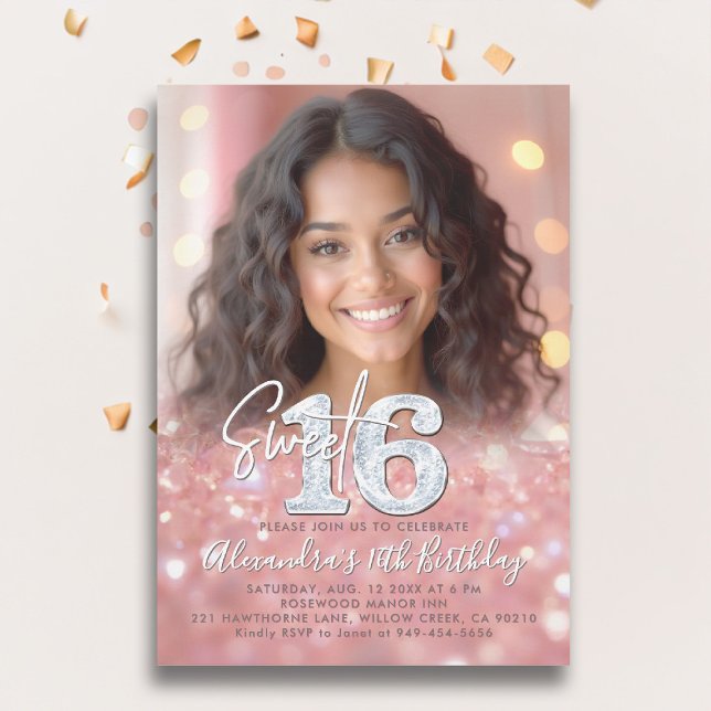 Sparkly Ro Guld Diamonds Chic Foto Sweet 16 Inbjudningar (sweet sixteen invitation 16th birthday rose gold blush pink diamonds photo template elegant classy)