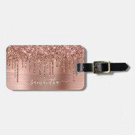 Sparkly Ro Guld Glitter Drips Girly Namnteckning Bagagebricka