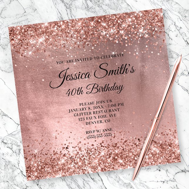 Sparkly Ro Guld Glitter Foil 40:e födelsedagen Inbjudningar (Create your own milestone birthday invitation for her.)