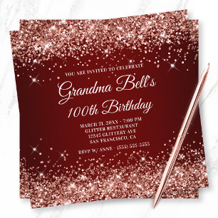 Sparkly Ro Guld Glitter Mörk Red 100:e födelsedage Inbjudningar