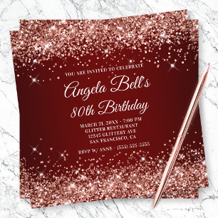 Sparkly Ro Guld Glitter Mörk Red 80 Birthday Inbjudningar