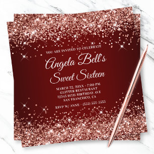 Sparkly Ro Guld Glitter Mörk Red Sweet sixteen Inbjudningar