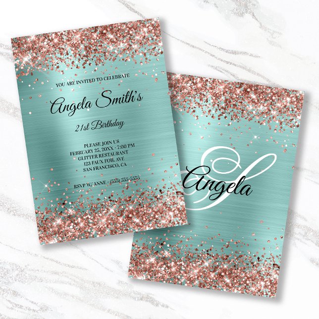 Sparkly Ro Guld Glitter Turcos Foil Monogram Inbjudningar (Skapare uppladdad)