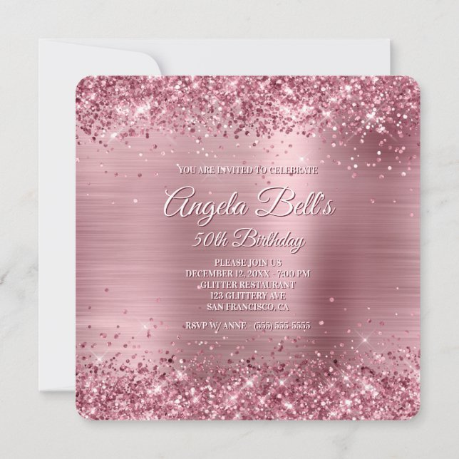 Sparkly Rosa Glitter Brushed Foil 50:e födelsedage Inbjudningar (Baksida)