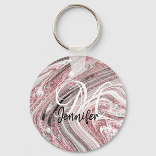 Sparkly Rosa Marble Ro Guld Glitter Monogram Nyckelring