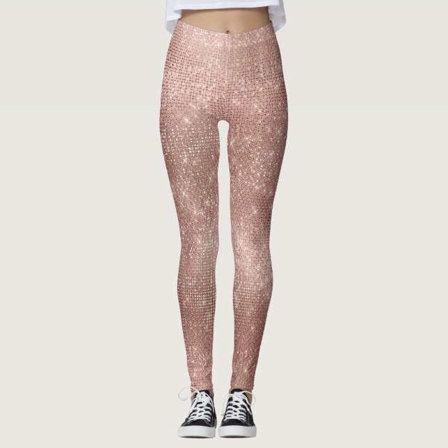 Sparkly rosa ros Guld Faux Brush Metallic Diamond Leggings (Framsida)