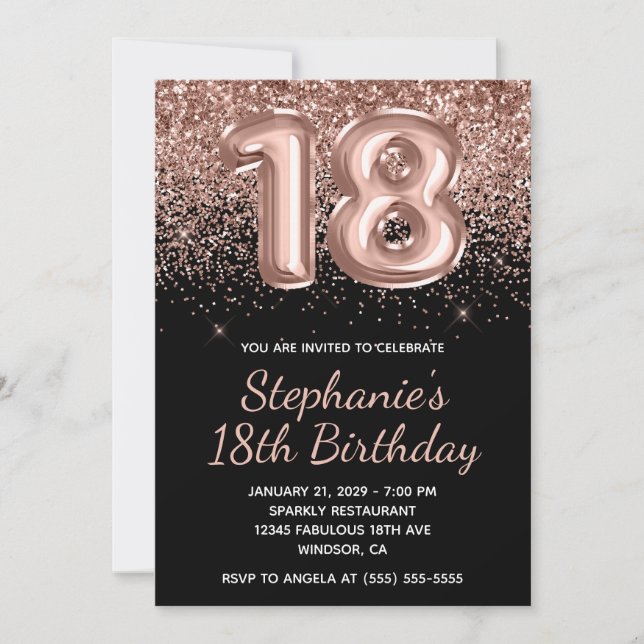 Sparkly Rose Gold Glitter Black Number 18 Birthday Inbjudningar (Framsida)