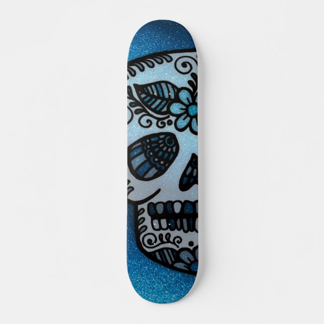 Sparkly Sapphire Glitter Sugar Skull Tattodesign Mini Skateboard Bräda 18,5 Cm (Framsida)