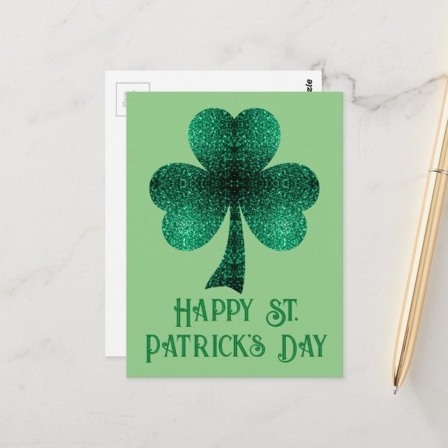 Sparkly Shamrock St. Patrick Day Sage grönt Vykort (Fram/Back In Situ)