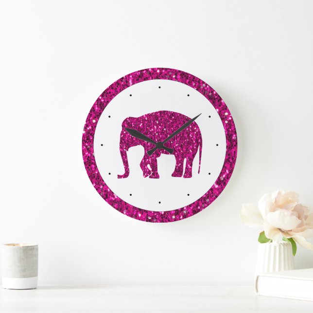 Sparkly shock rosa Elephant faux sparkles med vit  Stor Klocka (Hem)