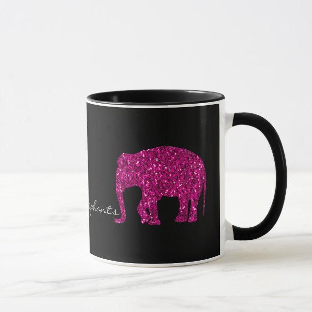 Sparkly shock rosa Elephant faux sparkles på svart Mugg (Höger)