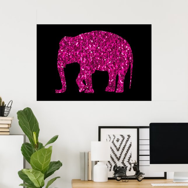 Sparkly shock rosa Elephant faux sparkles på svart Poster (Hemmakontoret)