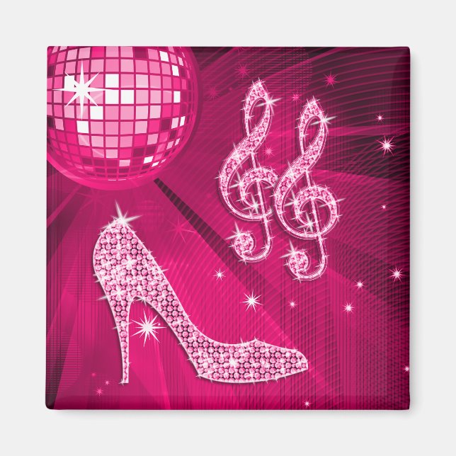 Sparkly Shock rosa Music Note & Stiletto Heel Magnet (Framsidan)