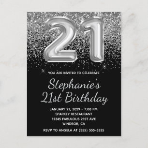 Sparkly Silver Black Balloon 21:a födelsedag Glitt Inbjudan Vykort