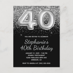 Sparkly Silver Black Balloon 40:e födelsedag Glitt Inbjudan Vykort