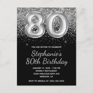 Sparkly Silver Black Balloon 80-årsdagen Glitter Inbjudan Vykort
