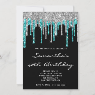 Sparkly Silver Cyan Glitter Drives Black Birthday Inbjudningar