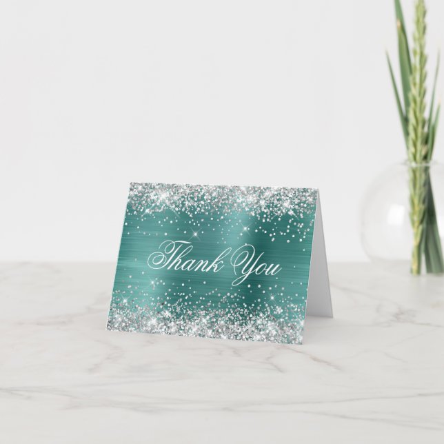 Sparkly Silver Faux Glitter Aqua Teal Foil Tack Kort (Framsida)