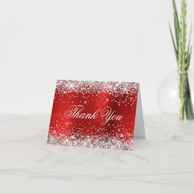 Sparkly Silver Faux Glitter Red Foil Tack Kort (Framsida)