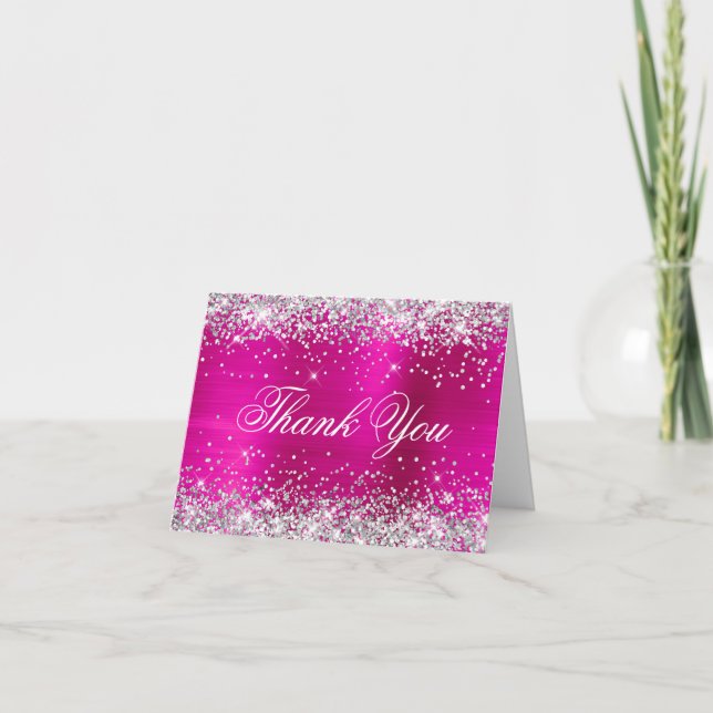 Sparkly Silver Faux Glitter Shock rosa Foil Tack Kort (Framsida)