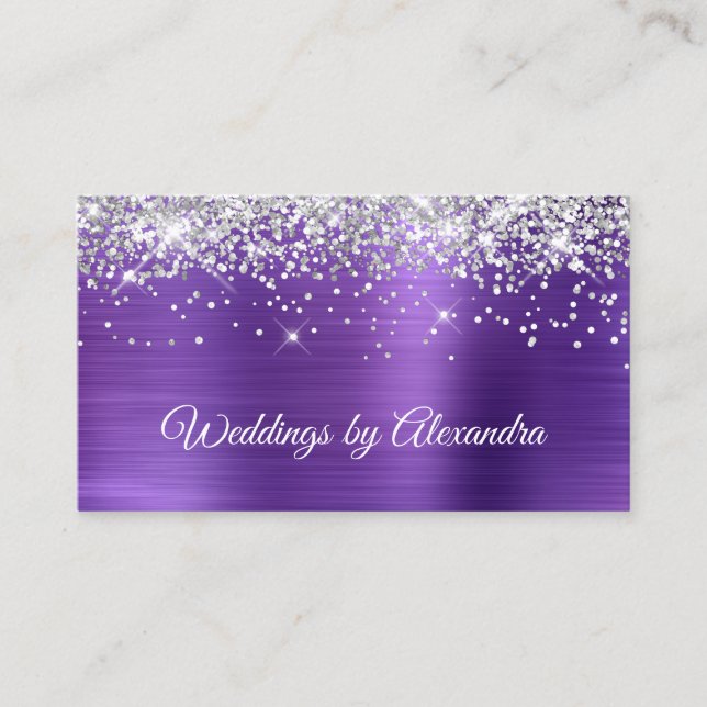 Sparkly Silver Glitter Amethyst Satin Foil Visitkort (Framsida)