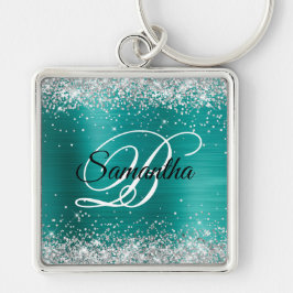 Sparkly Silver Glitter Aqua Teal Foil Monogram Fyrkantig Silverfärgad Nyckelring