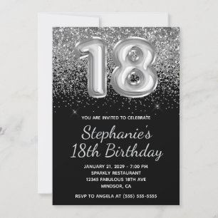 Sparkly Silver Glitter Black Balloon 18:e födelsed Inbjudningar