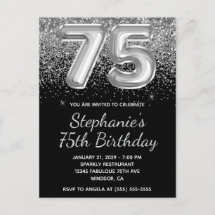 Sparkly Silver Glitter Black Balloon 75:e Birthday Inbjudan Vykort