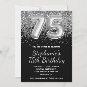 Sparkly Silver Glitter Black Balloon 75:e Birthday Inbjudningar