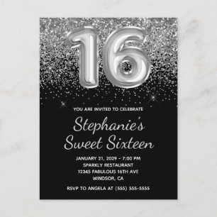 Sparkly Silver Glitter Black Balloon Sweet sixteen Inbjudan Vykort