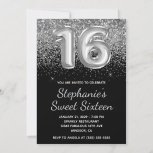 Sparkly Silver Glitter Black Balloon Sweet sixteen Inbjudningar