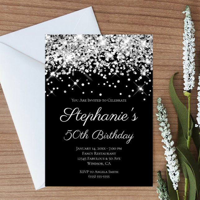 Sparkly Silver Glitter Black Elegant 50:e födelsed Inbjudningar (Create your own silvery faux glitter and black birthday invitatoin.)