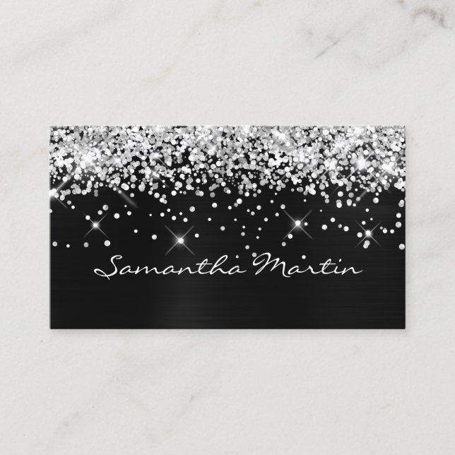 Sparkly Silver Glitter Black Foil Visitkort (Framsida)