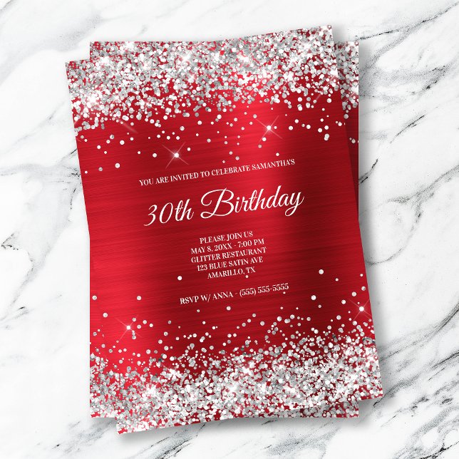Sparkly Silver Glitter Bright Red Satin Foil Inbjudningar (Skapare uppladdad)
