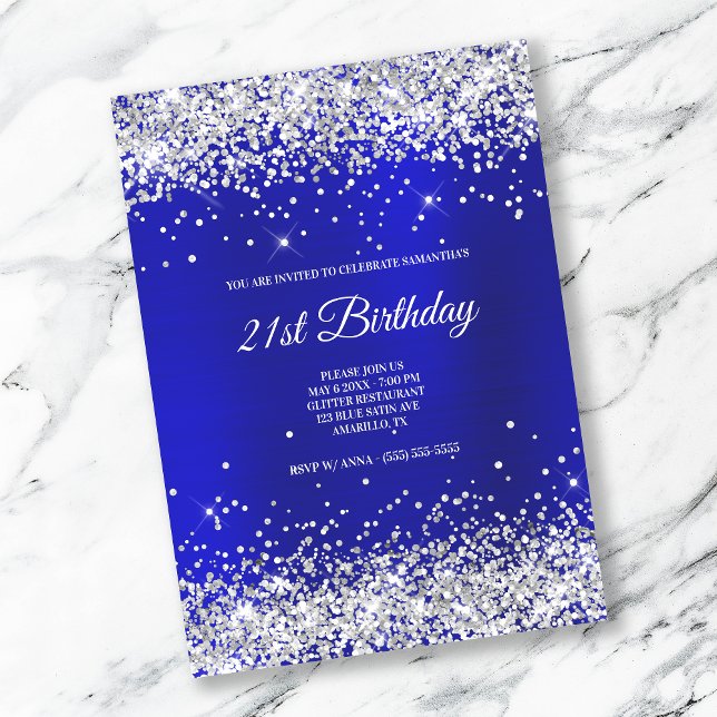 Sparkly Silver Glitter Brushed Blue Satin Foil Inbjudningar (Skapare uppladdad)