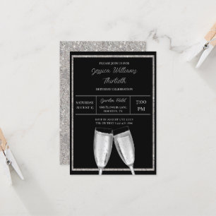 Sparkly Silver Glitter, Champagne Birthday Inbjudningar