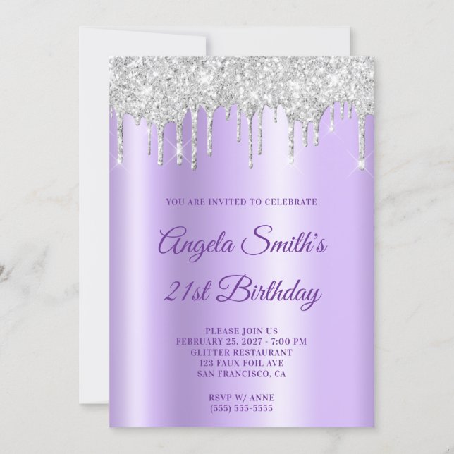 Sparkly Silver Glitter Drips Lavender Ombre Inbjudningar (Framsida)