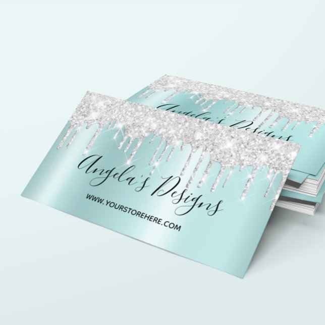 Sparkly Silver Glitter driver Light Turcos Ombre Visitkort (Sparkly Silver Glitter Drips Light Turquoise Ombre Business Card)