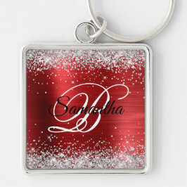 Sparkly Silver Glitter Girly Red Foil Monogram Fyrkantig Silverfärgad Nyckelring