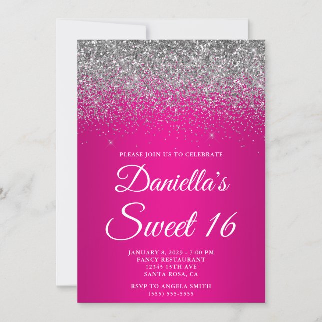 Sparkly Silver Glitter Hot Pink Gradient Sweet 16 Inbjudningar (Framsida)